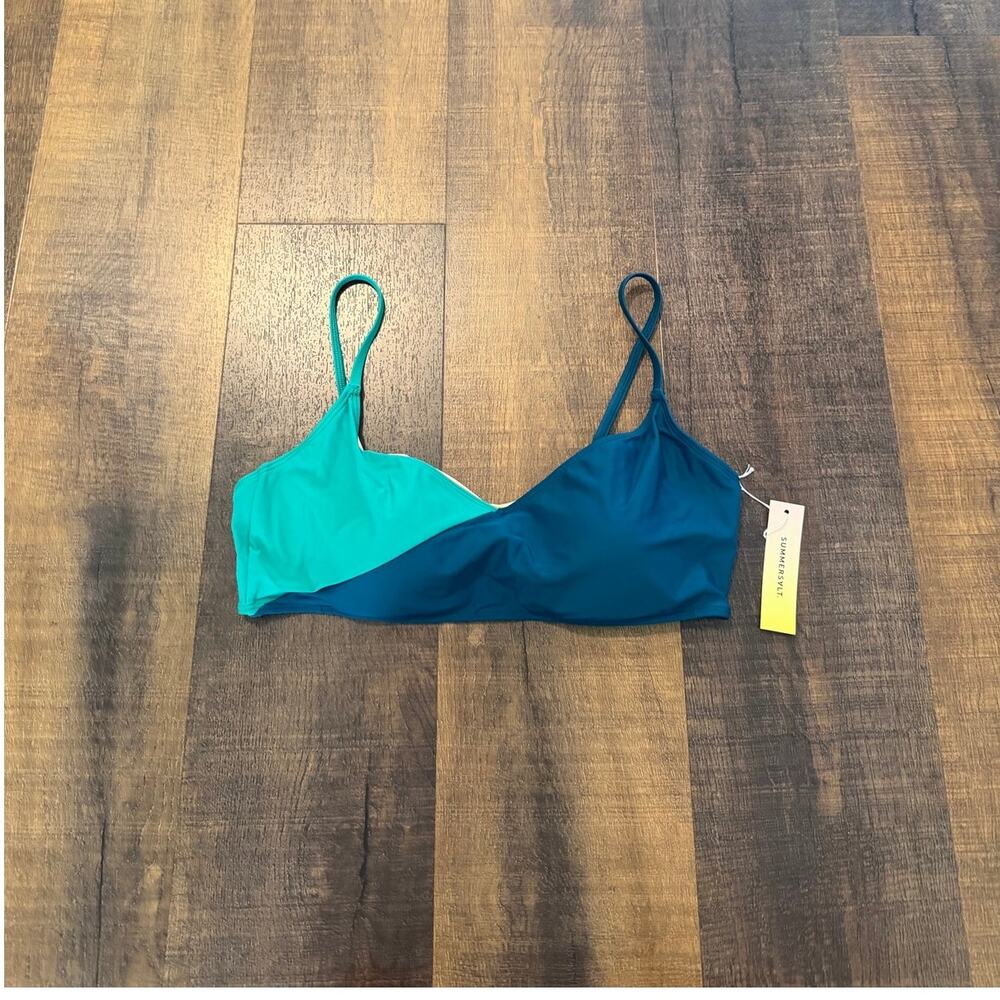 NWT Summersalt Colorblock Bikini Top Blue Green One Shoulder Swim Size 10